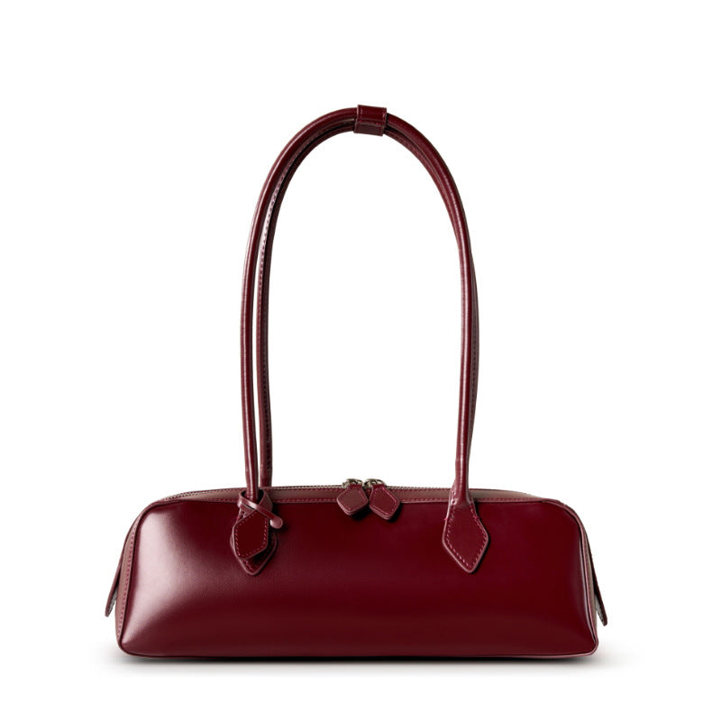 Cowhide Leather Small Plus Shoulder Baguette Bag in Wine Red