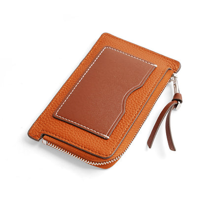 Orange and brown two-tone slim card holder wallet with zipper closure