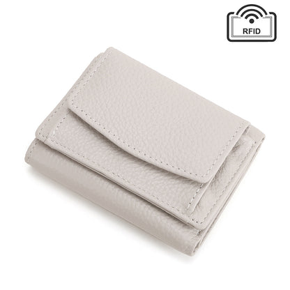 Ivory pebbled cowhide tri-fold wallet with RFID symbol
