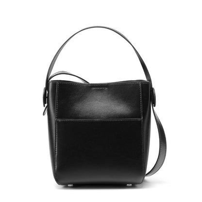 Cowhide Leather Bucket Crossbody Bag in Black