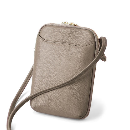 Dark khaki pebbled cowhide vertical crossbody phone bag with adjustable strap