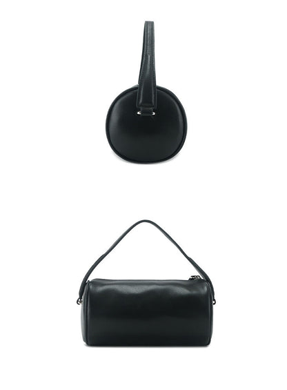 Black cylinder bag shown from the end and front