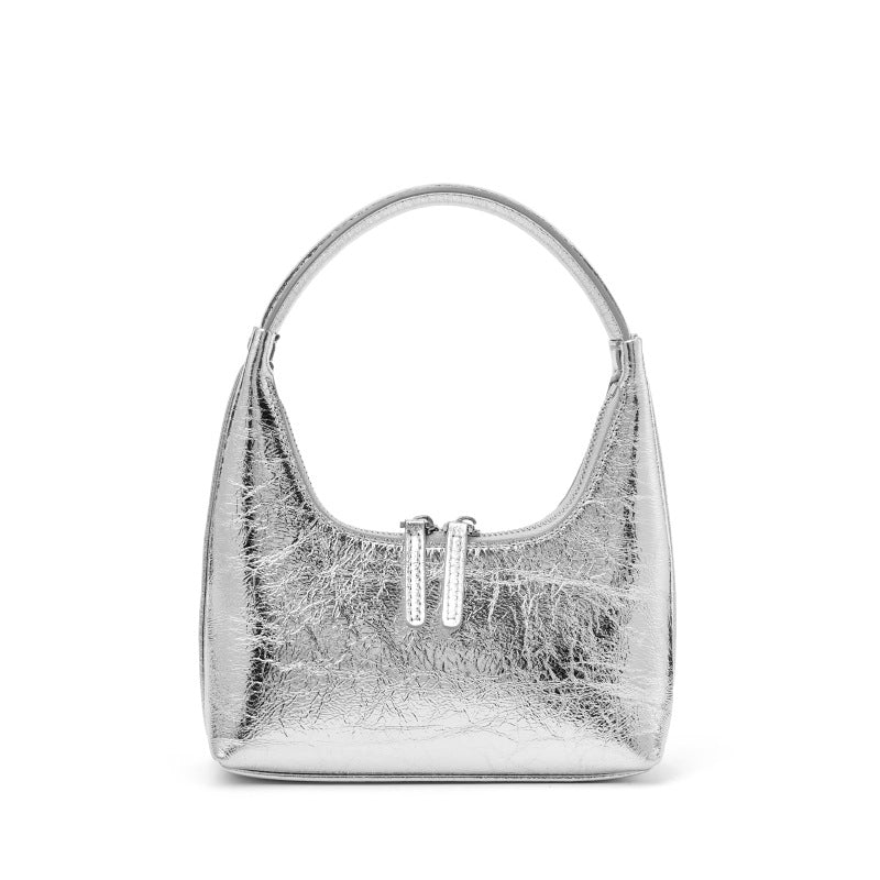 Silver crinkle patent cowhide mini hobo bag, front view on white background