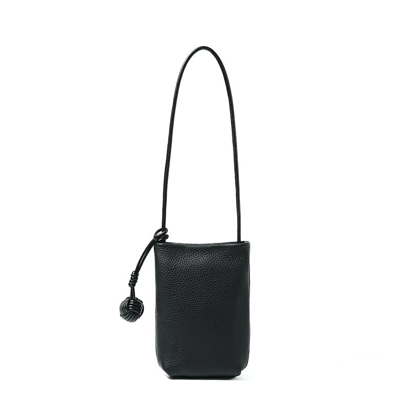 Cowhide Leather Micro Bucket Phone Crossbody Bag in Black