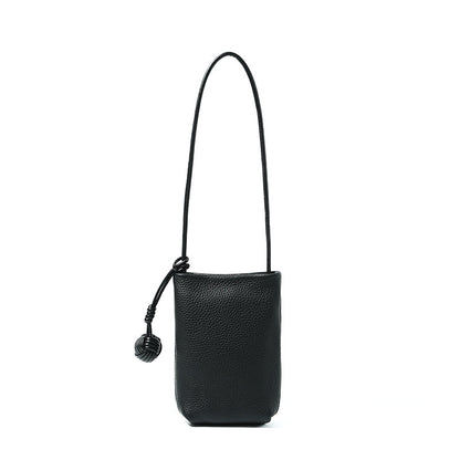 Cowhide Leather Micro Bucket Phone Crossbody Bag in Black