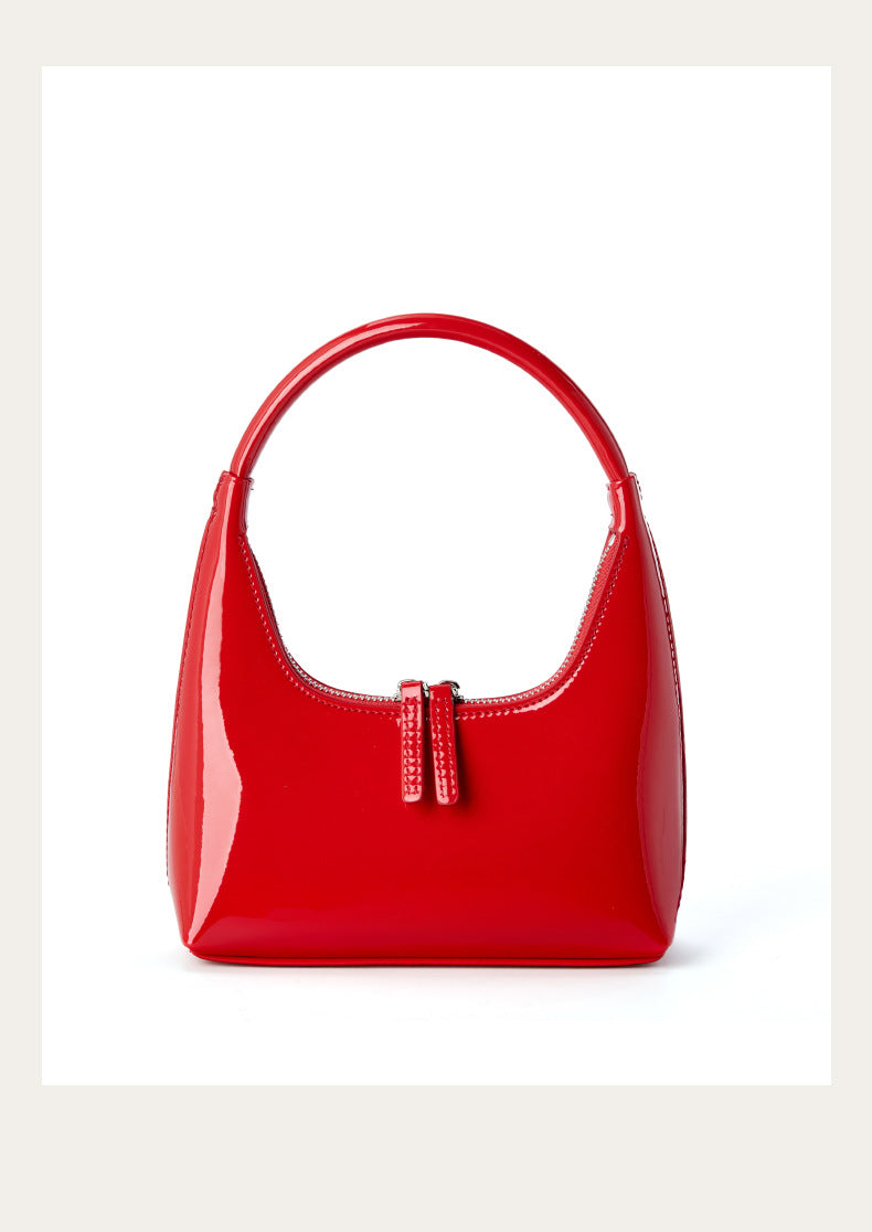 Red patent cowhide mini hobo bag, front view on white background