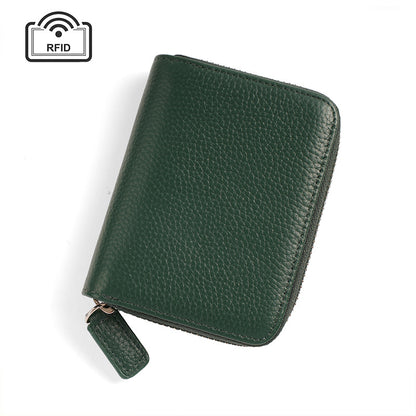 Top-Grain Cowhide Zip Wallet with RFID-Blocking Card Slots in Dark Green