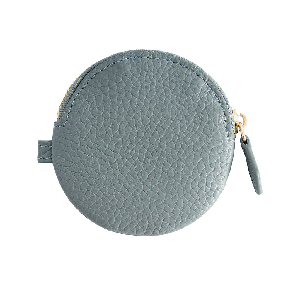 Linen blue round leather coin pouch with pebbled texture and zipper