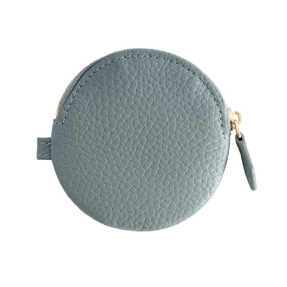 Linen blue round leather coin pouch with pebbled texture and zipper
