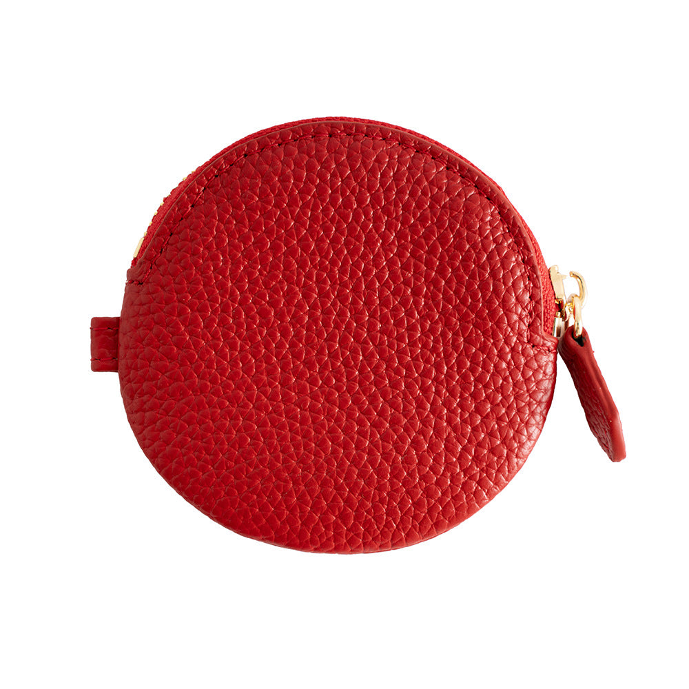 Cowhide Leather Micro Round Coin Purse with Zipper in Red