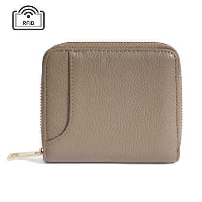 Taupe pebbled cowhide RFID zip-around wallet with gold-tone zipper, front view