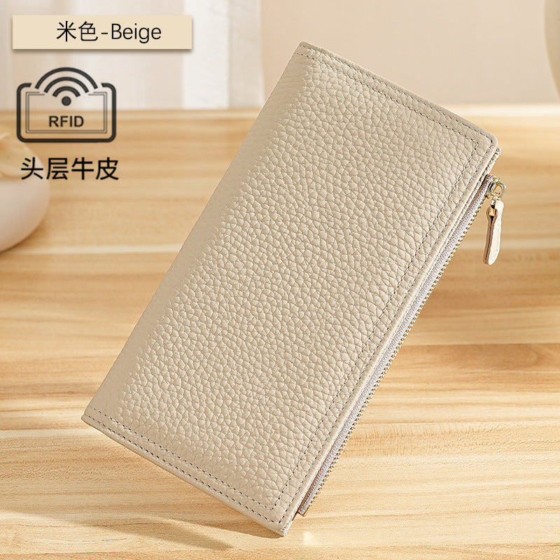 Top-Grain Cowhide Long Wallet with RFID-Blocking Lining in Beige