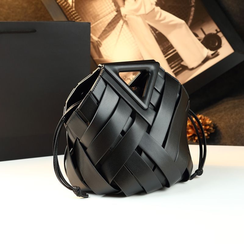 Leather Small Woven Bucket Bag in Black