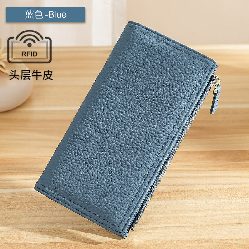 Top-Grain Cowhide Long Wallet with RFID-Blocking Lining in Denim Blue