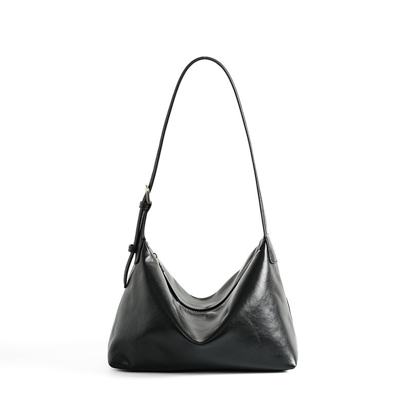 Black top-grain cowhide hobo shoulder bag on a white background