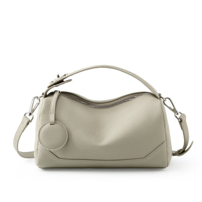 Ash white pebbled cowhide mini Boston bag front view on white background