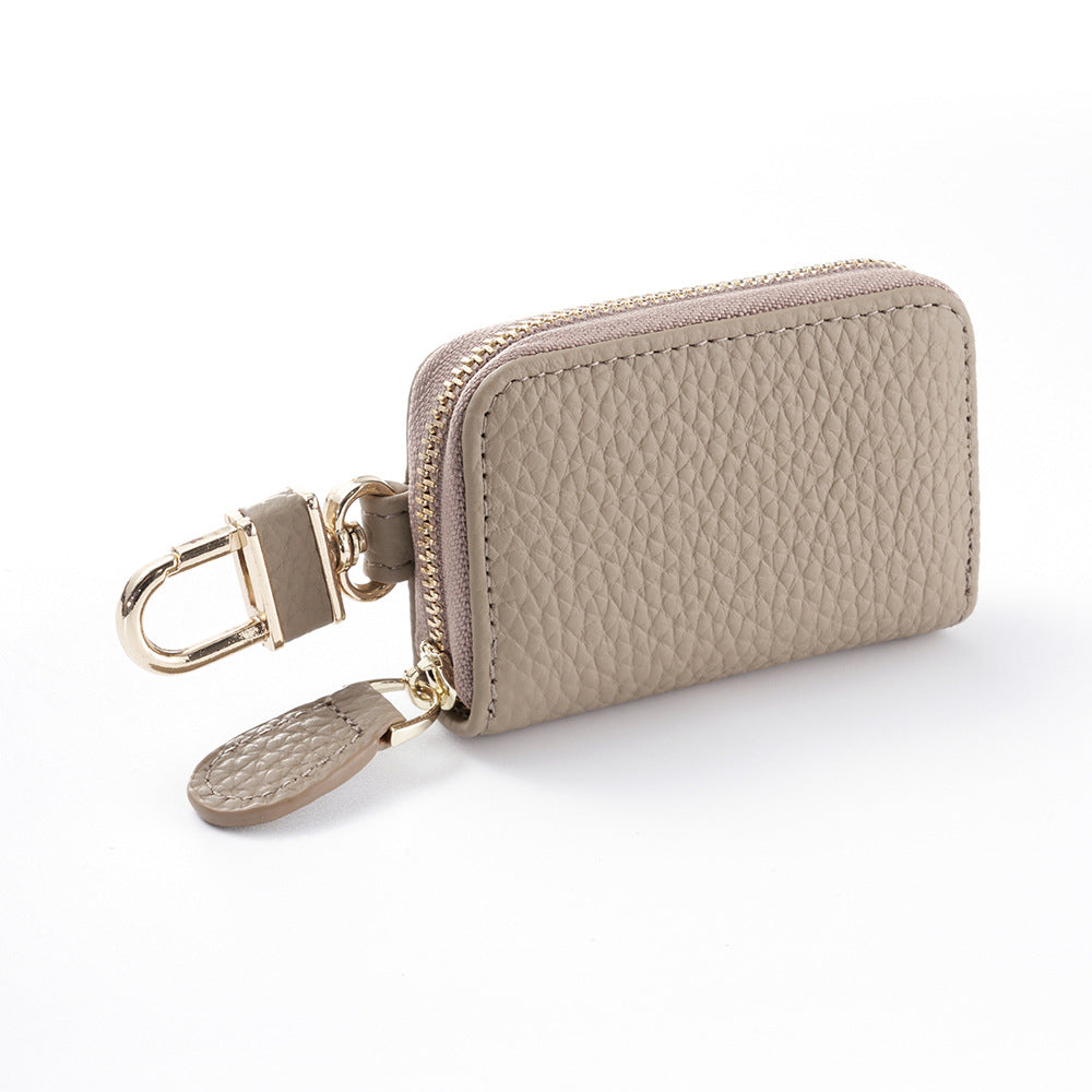 Linen grey top-grain leather mini zip key pouch wallet with gold-tone clip