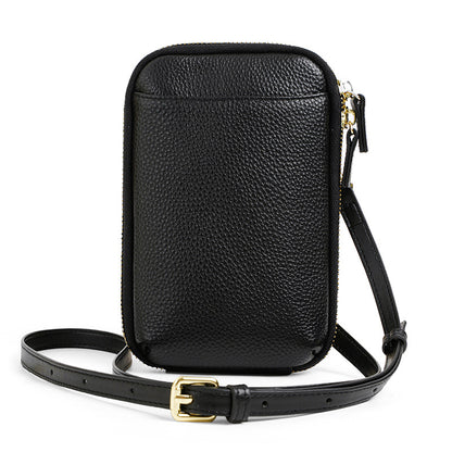 Black pebbled leather vertical phone bag with gold buckle and zip closure