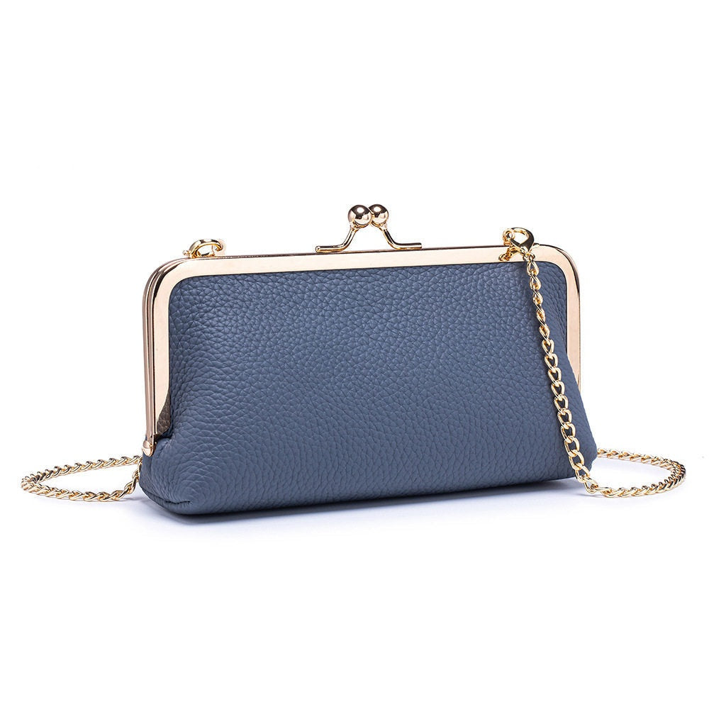 Top-Grain Cowhide Frame Crossbody Bag in Denim Blue, Without Chain