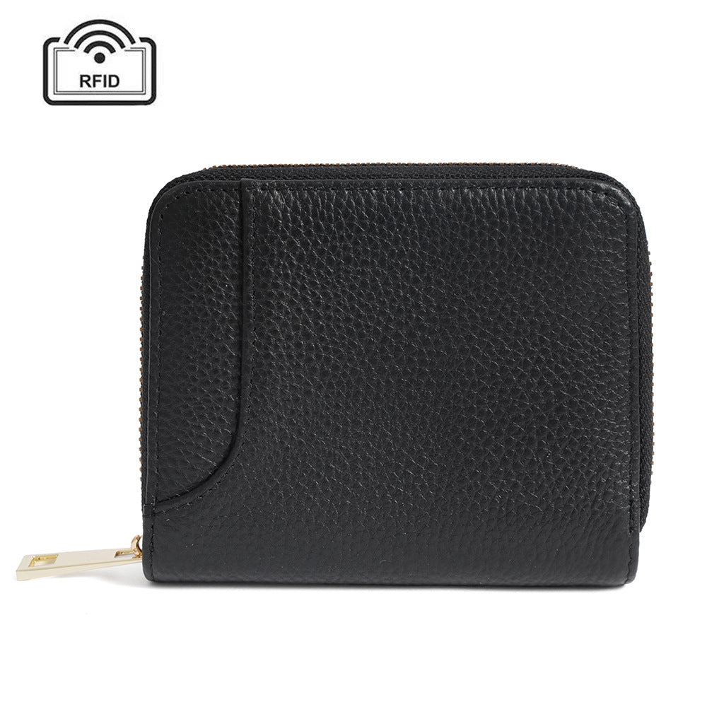 Black RFID-blocking pebbled cowhide zip wallet with key hook on front view