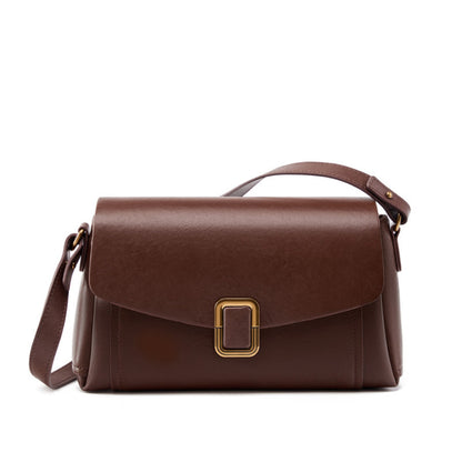 Dark brown cowhide leather crossbody bag with gold-tone buckle on white background