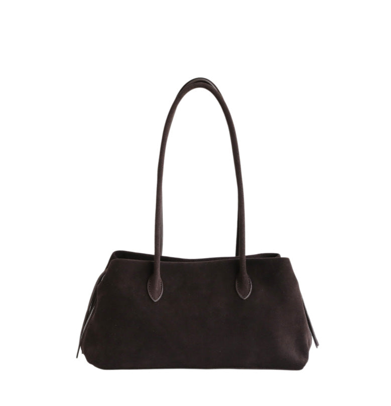 Coffee nubuck tote front view with shoulder handles