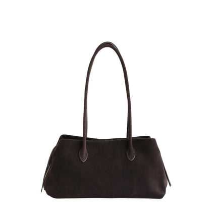 Coffee nubuck tote front view with shoulder handles