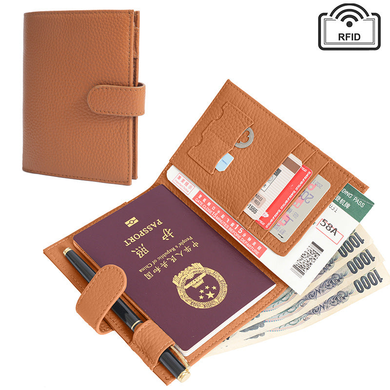 Leather Passport Holder Wallet with Pen Slot in Coffee