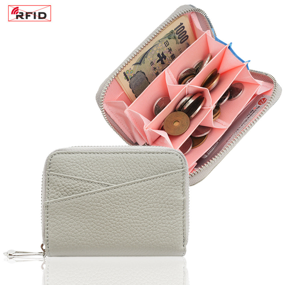 Genuine Leather Coin Purse with RFID Blocking Card Slots in Silver Grey/Pink