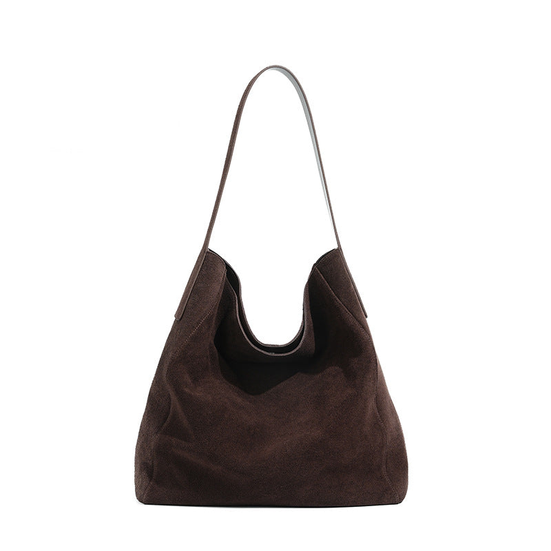 Ebony suede cowhide hobo tote shown from the front