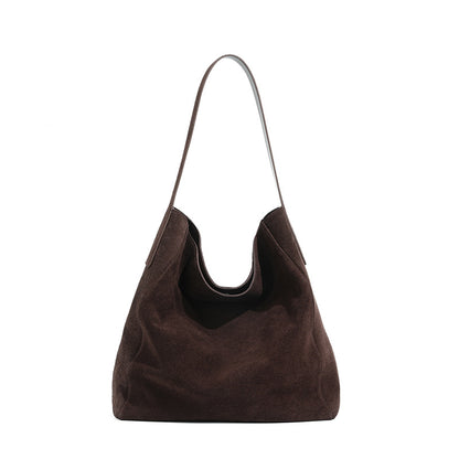 Ebony suede cowhide hobo tote shown from the front