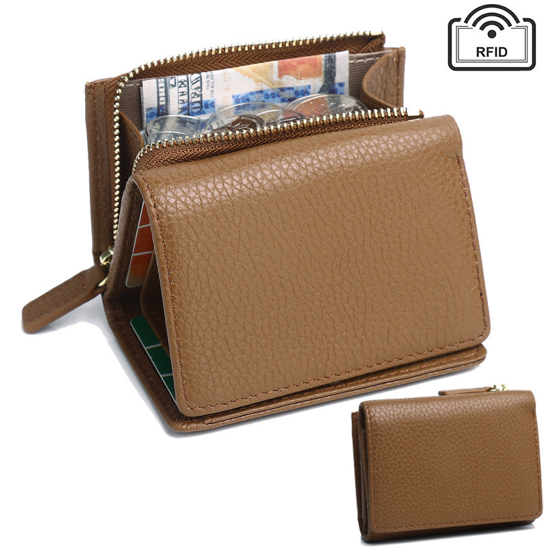 Genuine Leather RFID Small Wallet with Coin Pocket in Coffee