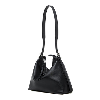 Black leather shoulder bag on white background