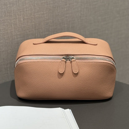 Neutral taupe cosmetic pouch viewed from above