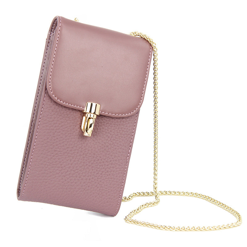 Taro purple cowhide vertical phone crossbody bag with pebbled texture and gold-tone chain strap