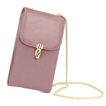 Taro purple cowhide vertical phone crossbody bag with pebbled texture and gold-tone chain strap