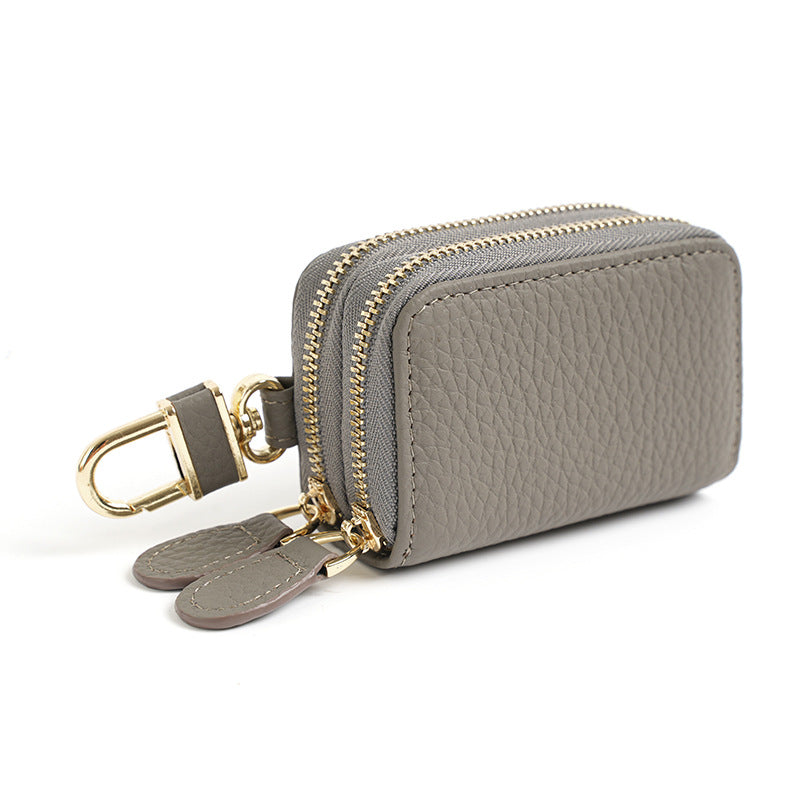 Cowhide Leather Compact Key Case with Clip in Gray (Double Zipper)