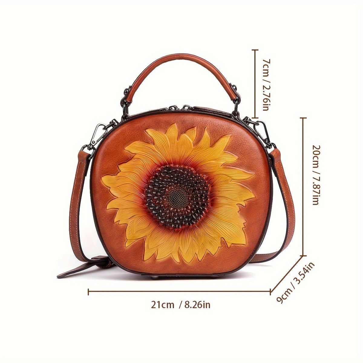 Dimension diagram showing the bag at 21 by 9 by 20 centimeters and a 7 centimeter handle