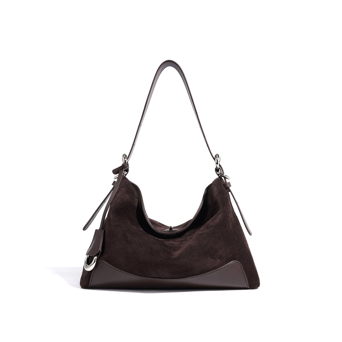 Front view of dark coffee split suede cowhide shoulder tote with contrast trim