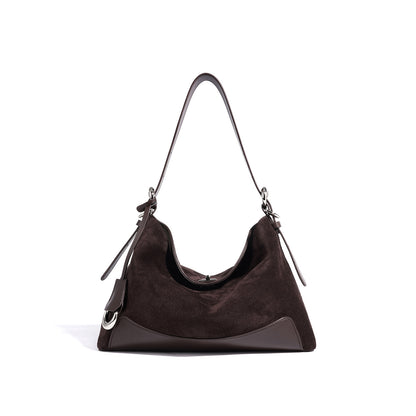 Front view of dark coffee split suede cowhide shoulder tote with contrast trim