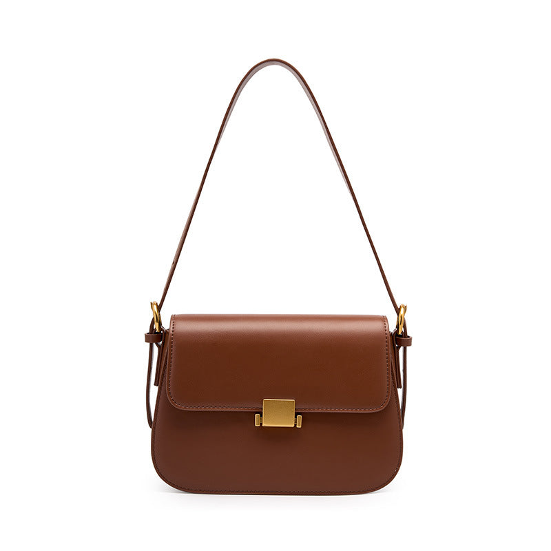 Caramel cowhide leather mini shoulder bag with gold-tone turn-lock closure, front view