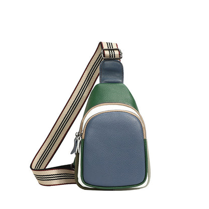 Green and blue colorblock cowhide sling bag front view