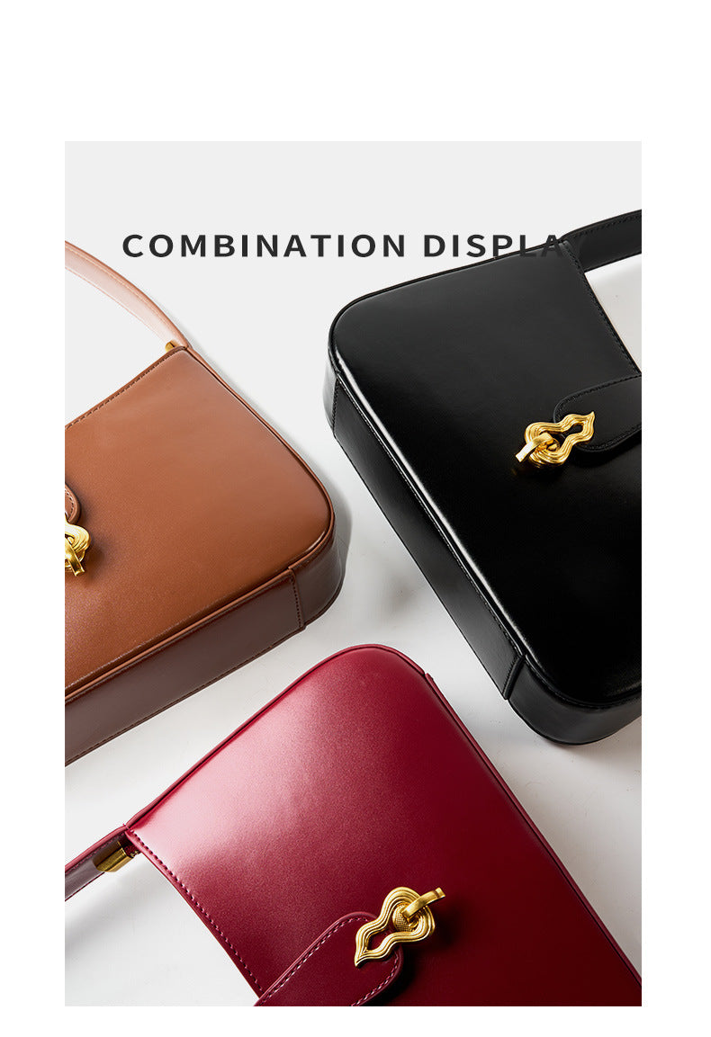 Close-up of three colorways showing gourd lock clasp detail on leather bags