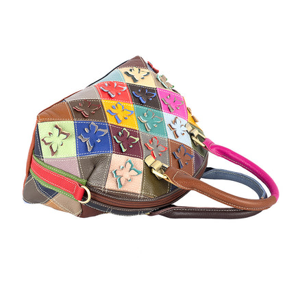 Side and base view highlighting the curved shell silhouette and patchwork panels