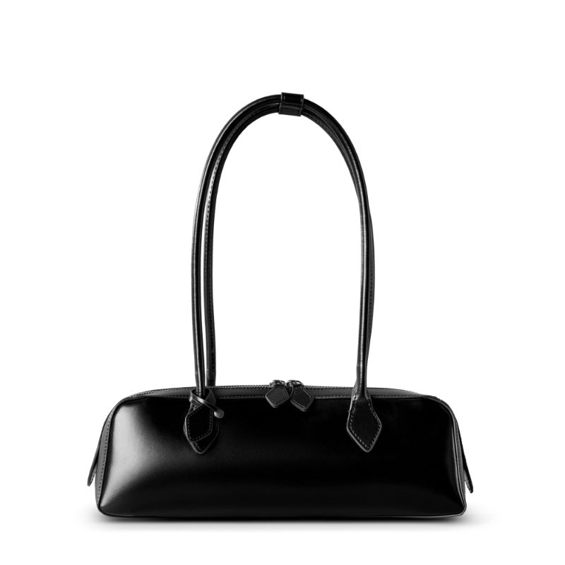 Black cowhide leather baguette shoulder bag front view