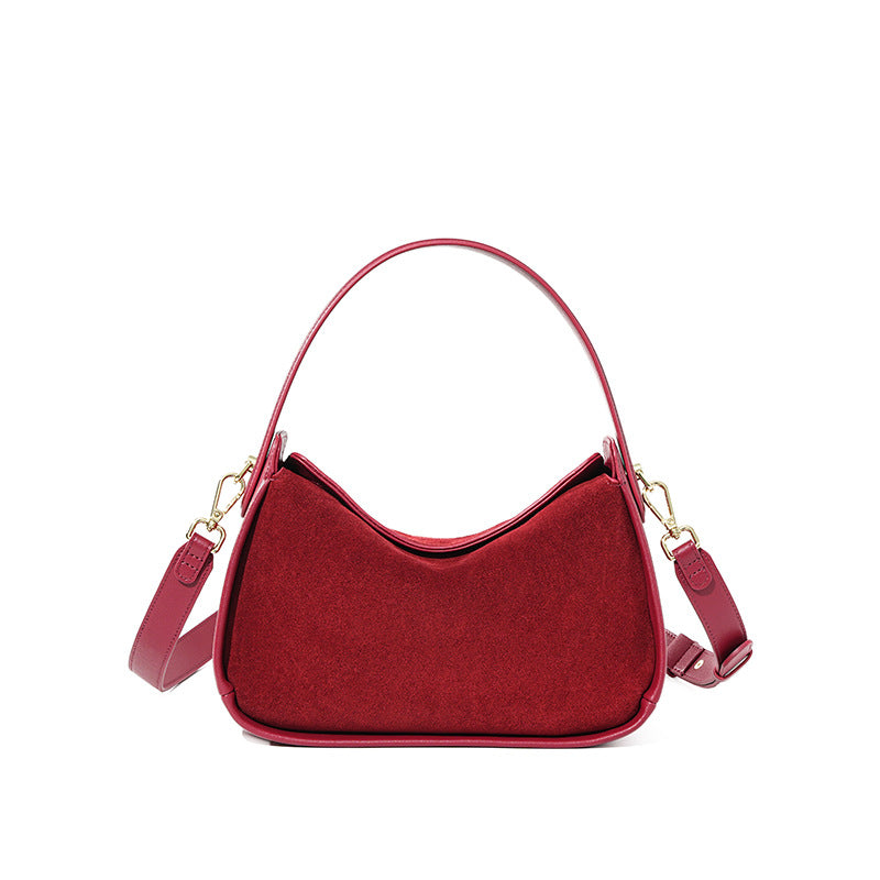 Suede-Finish Cowhide Small Plus Shoulder Bag in Red