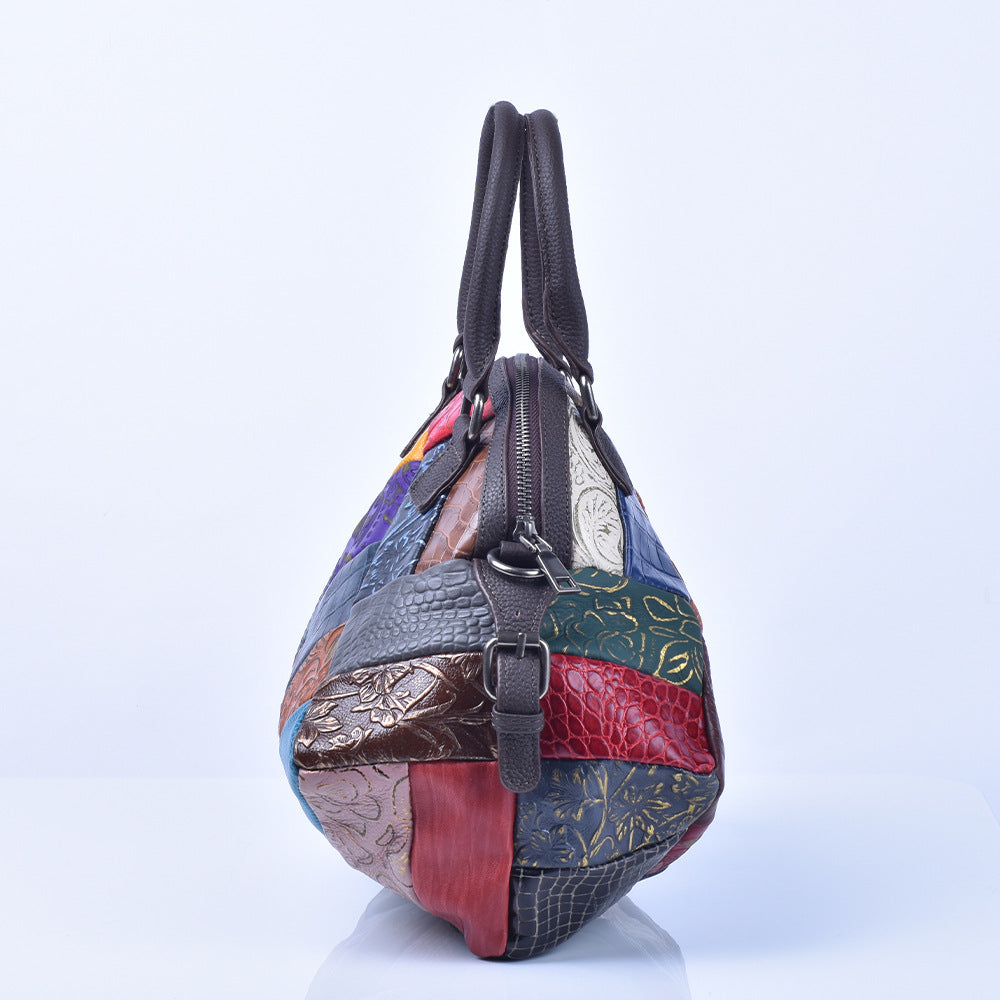 Back view showing the bag's colorful leather panel arrangement