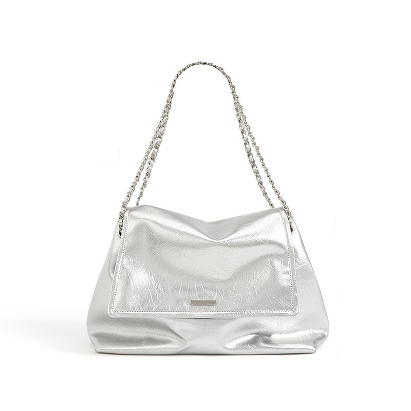 Cowhide Leather Soft Chain Shoulder Bag – Horizontal Tote in Silver