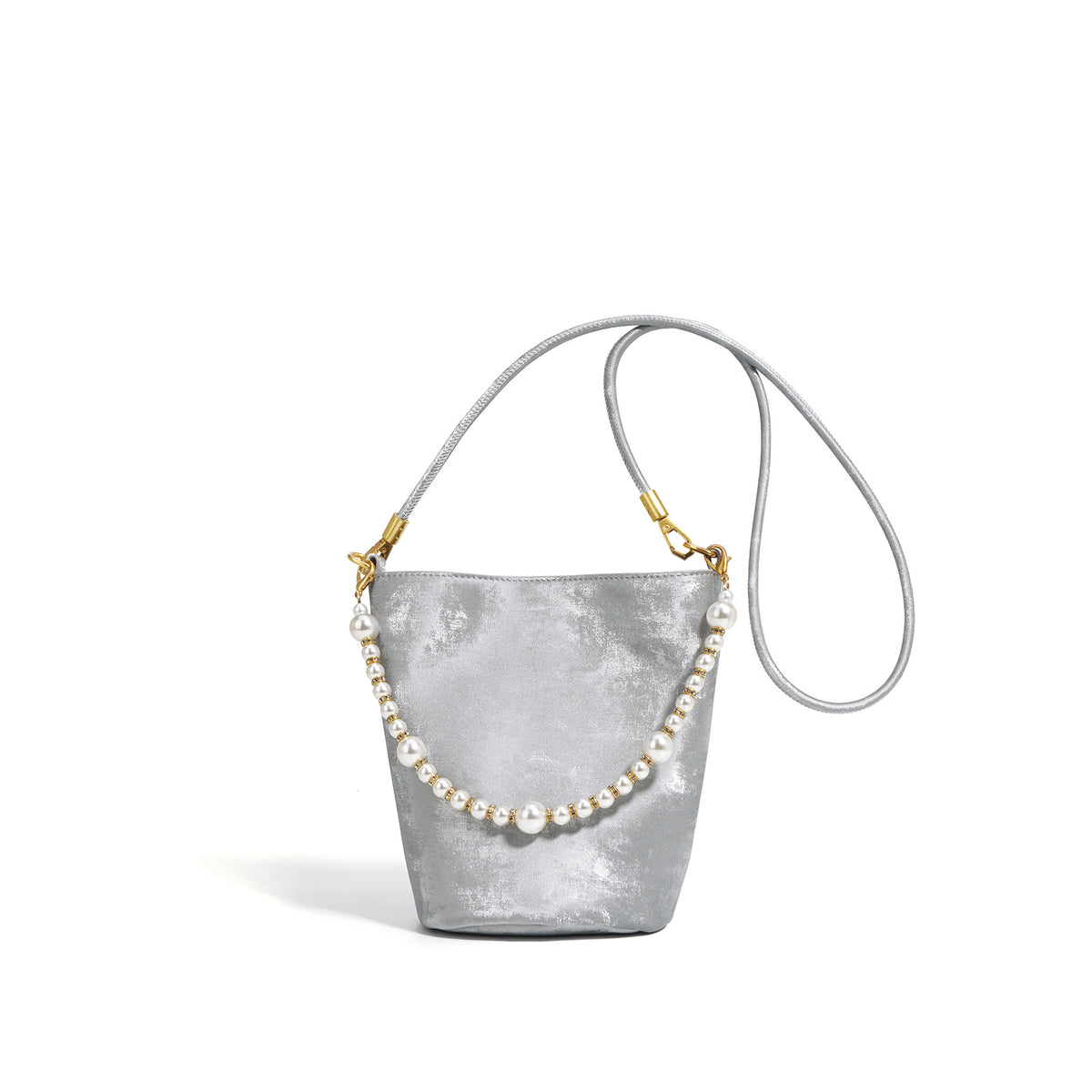 Silver gray mini bucket bag with pearl chain and long strap on white background