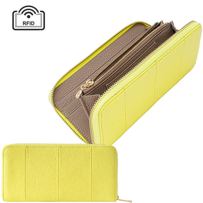 Open yellow zip wallet showing accordion compartments and card slots
